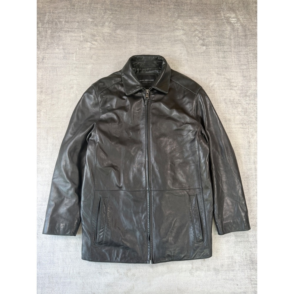 Marc New York Jacket Mens Medium Black Leather Full Zip Car Coat Sleek Moto